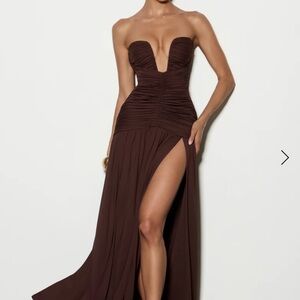 Strapless Deep V Chocolate Brown High-Slit Evening Gown